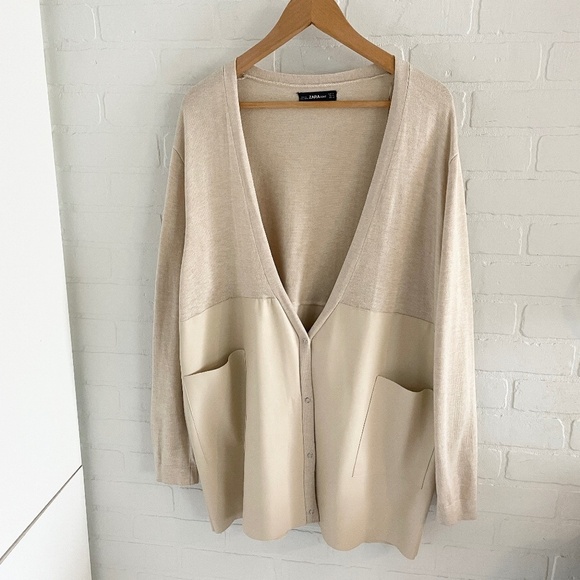 Zara Women’s Knit Sweater Cardigan Snaps Vegan leather pockets Cream XL Overs. - Picture 2 of 12